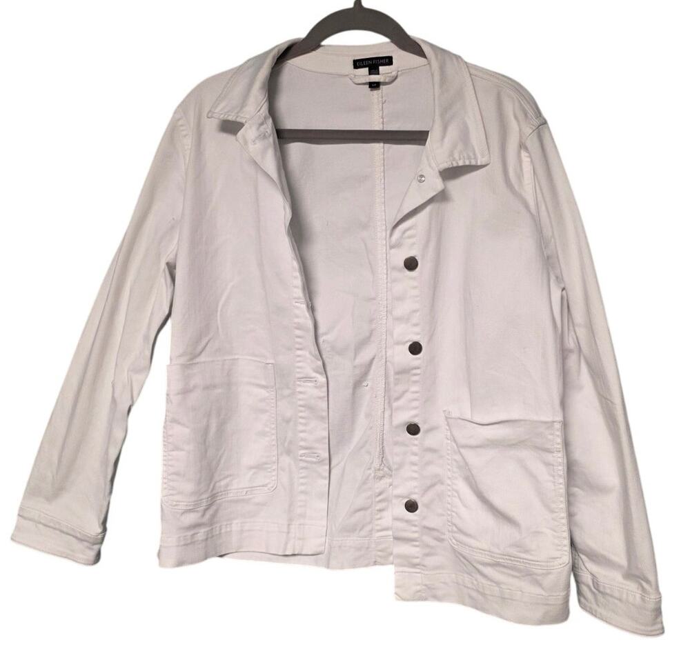 Eileen Fisher Women's Small White Jean Button Jacket Minimalist Layering Fall